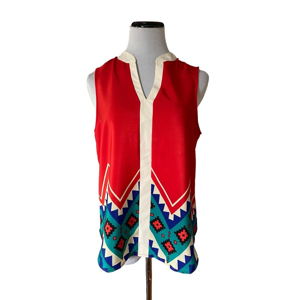 Vintage Blue Rain Women's Aztec V-neck Tank Top Size M Red Career Made‎ in USA